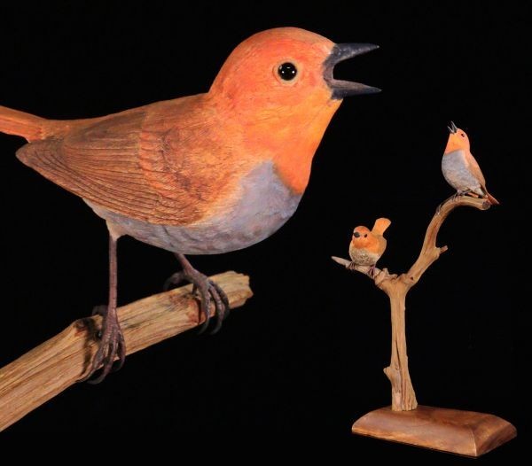 古美術品 木彫 彩色鳥置物 41cm 雀 一対 夫婦 極上細密彫[51130ee]