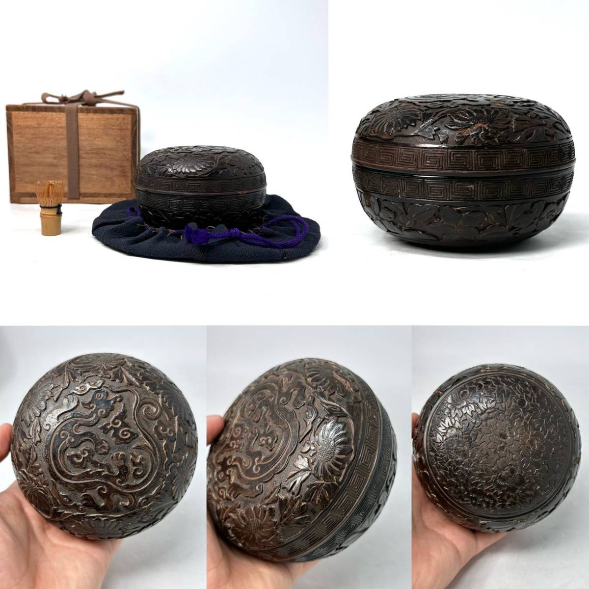 時代物 旧家から 清朝期 倣雕漆 木胎大漆龍、花卉文蓋盒 細密彫刻 古物保証 傷有（漆雕 剔紅 漆芸漆器 唐物 文房具 中国古美 茶道具）