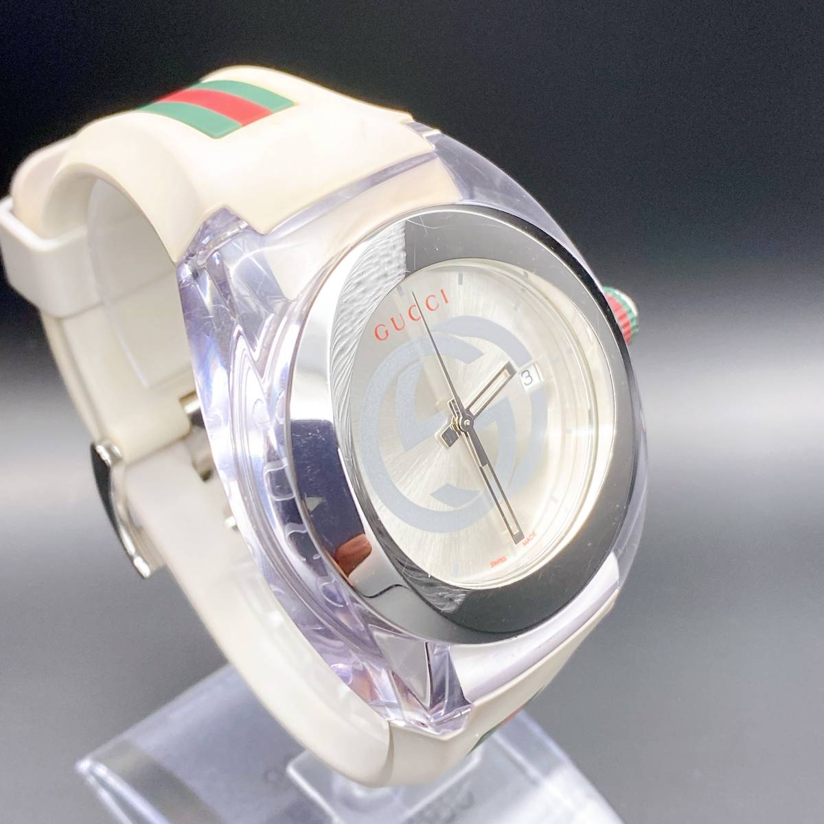 1円スタート】稼働 グッチ GUCCI 腕時計 ラバー ベルト デイト 白