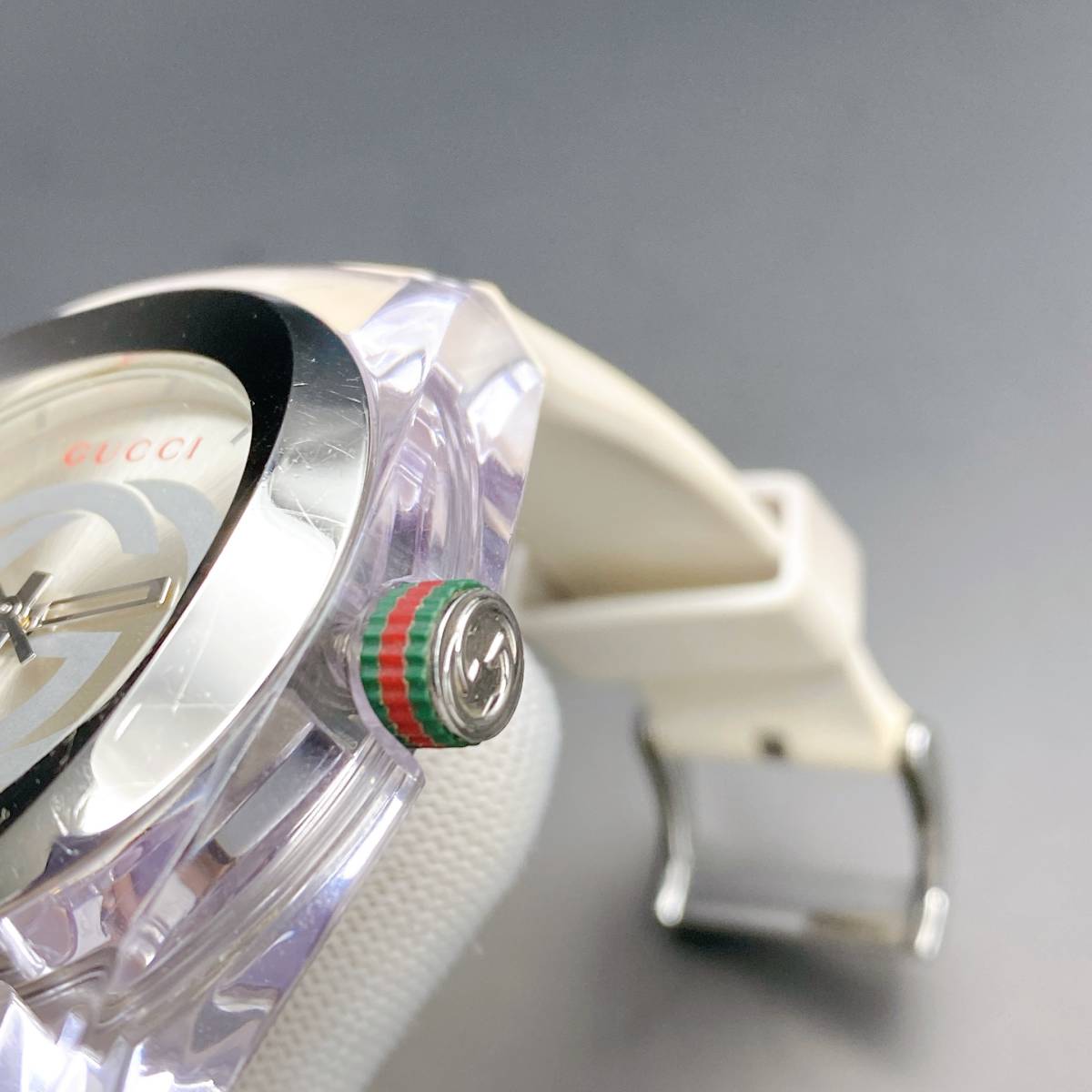 1円スタート】稼働 グッチ GUCCI 腕時計 ラバー ベルト デイト 白