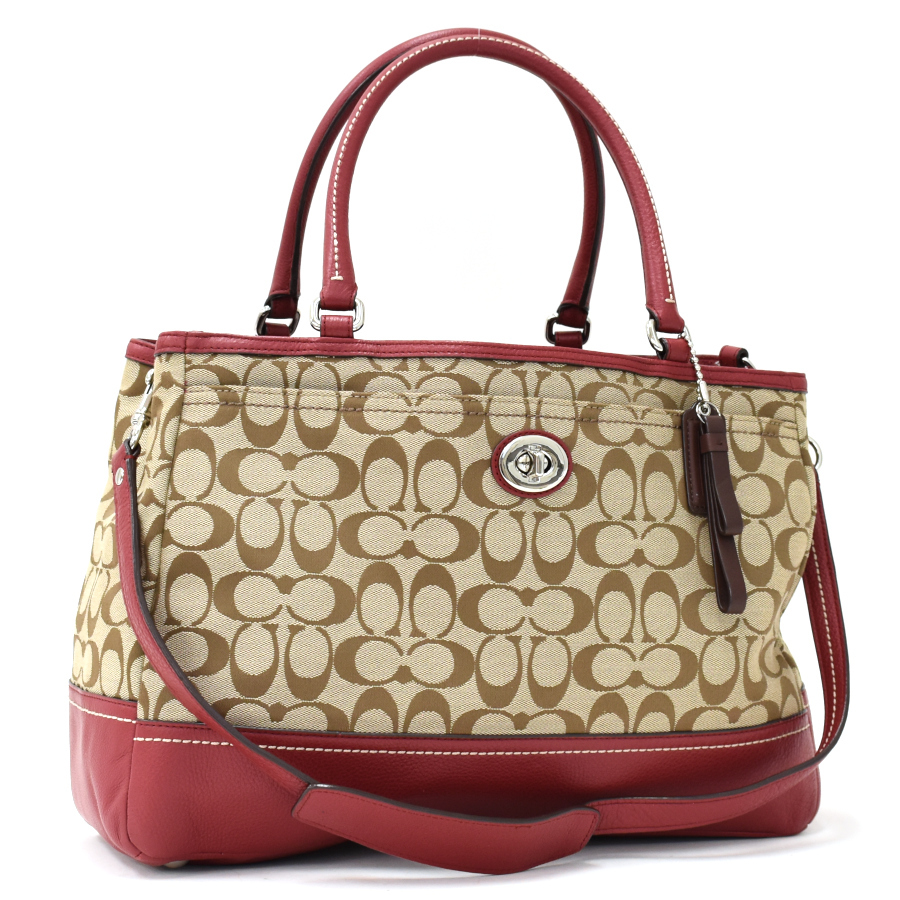 1円 ◆新品同様 COACH コーチ パーク シグネチャー ターンロック キャリーオール 2way トート F23292 カーキ レッド◆E.Bie.tI-03☆