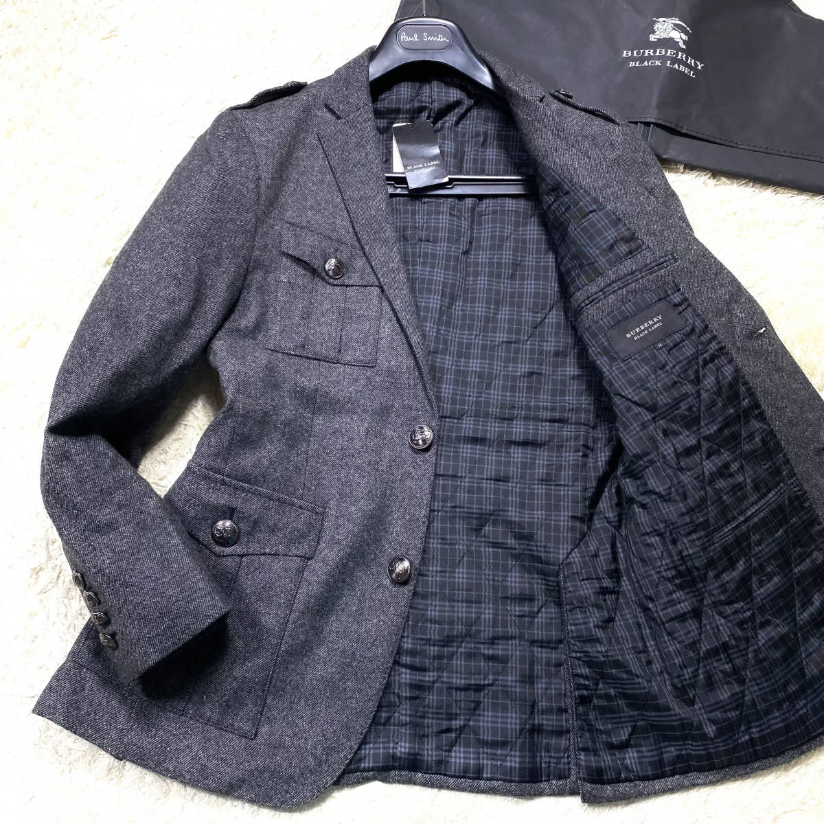 未使用級!銀釦BURBERRY BLACKLABELM-65ミリタリーテーラードジャケット銀メタル釦L~Mグレー大きいサイズブラレ バーバリーブラックレーベル