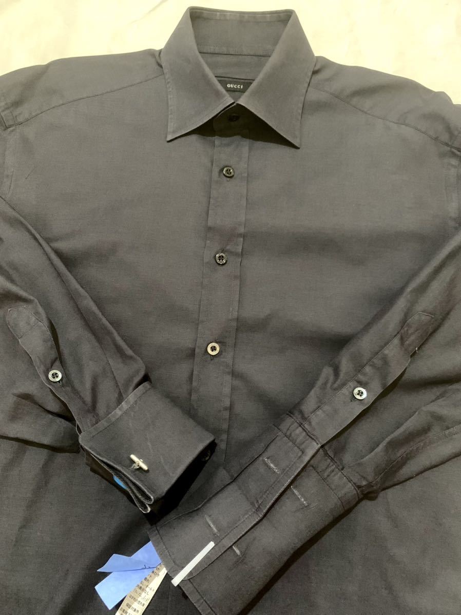 ◆大き目2XL~3XL相当◆送料無料！◆定価6.1万★美品+クリーニング！◆GUCCI グッチ 長袖シャツ 黒アッシュブラック Ｗカフス袖 薄手.春夏 