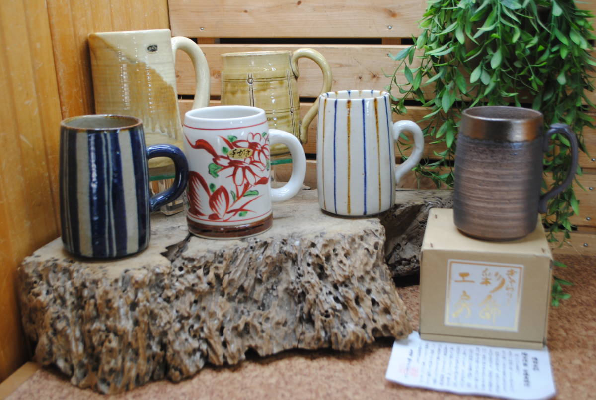 /ね536.6点セット◇マグカップ◇陶器製ジョッキ◇特大サイズ◇信楽焼◇備前金彩◇手描き◇種類色々