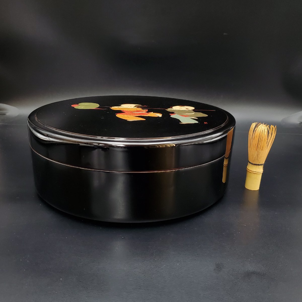 宝蔵】輪島塗 塗師/清斎 蒔絵師/静峰 合作 黒塗 内乾漆 唐子 茶櫃 径約