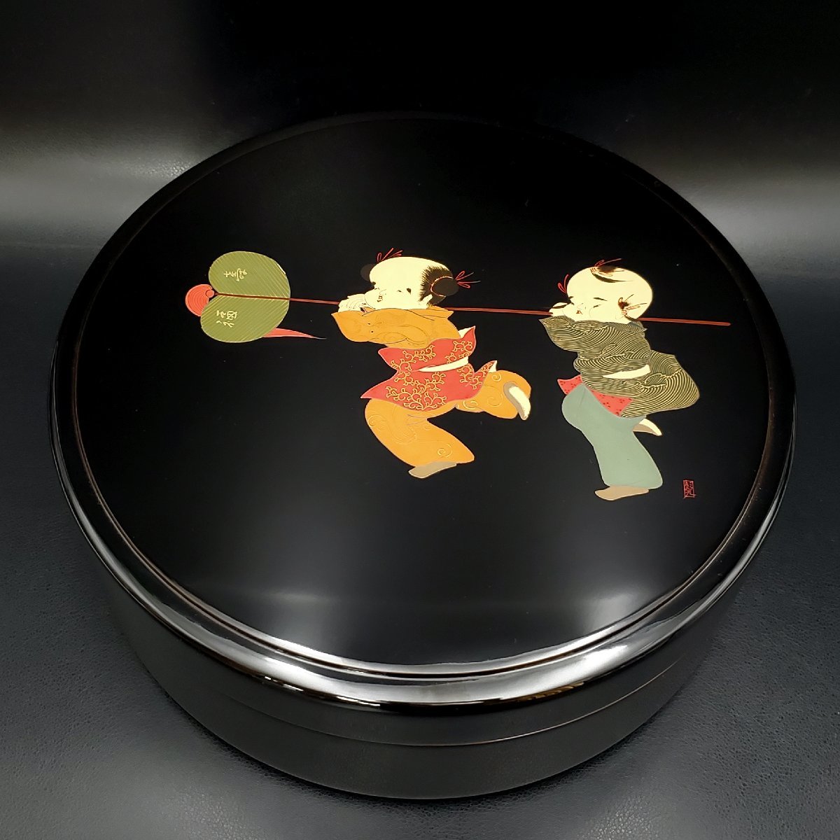 宝蔵】輪島塗 塗師/清斎 蒔絵師/静峰 合作 黒塗 内乾漆 唐子 茶櫃 径約