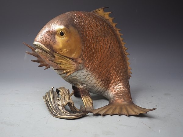 逸】時代経年保管 珍品 ◇縁起物 真鯛波置物 鋳銅製 5.8kg 豊漁祈願