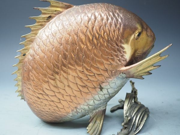 逸】時代経年保管 珍品 ◇縁起物 真鯛波置物 鋳銅製 5.8kg 豊漁祈願