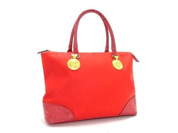 1円 GIANNI VERSACE ジャンニヴェルサーチ メデューサ ナイロン×クロコダイル型押し ハンドバッグ トート レディース レッド系 BG0679