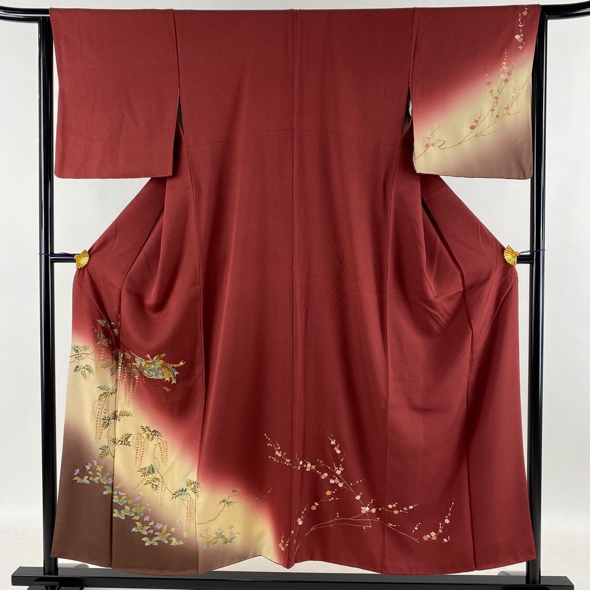 付下げ 美品 秀品 藤 鳳凰 金銀彩 染め分け えんじ色 袷 身丈153.5cm 裄丈64.5cm M 正絹 【中古】