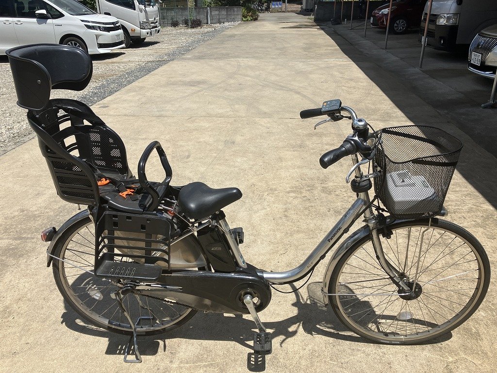 P9　中古電動アシスト自転車 1円売切り！パナソニック ビビDX シルバー 後チャイルドシート付き 配送エリア内は送料2500円でお届け