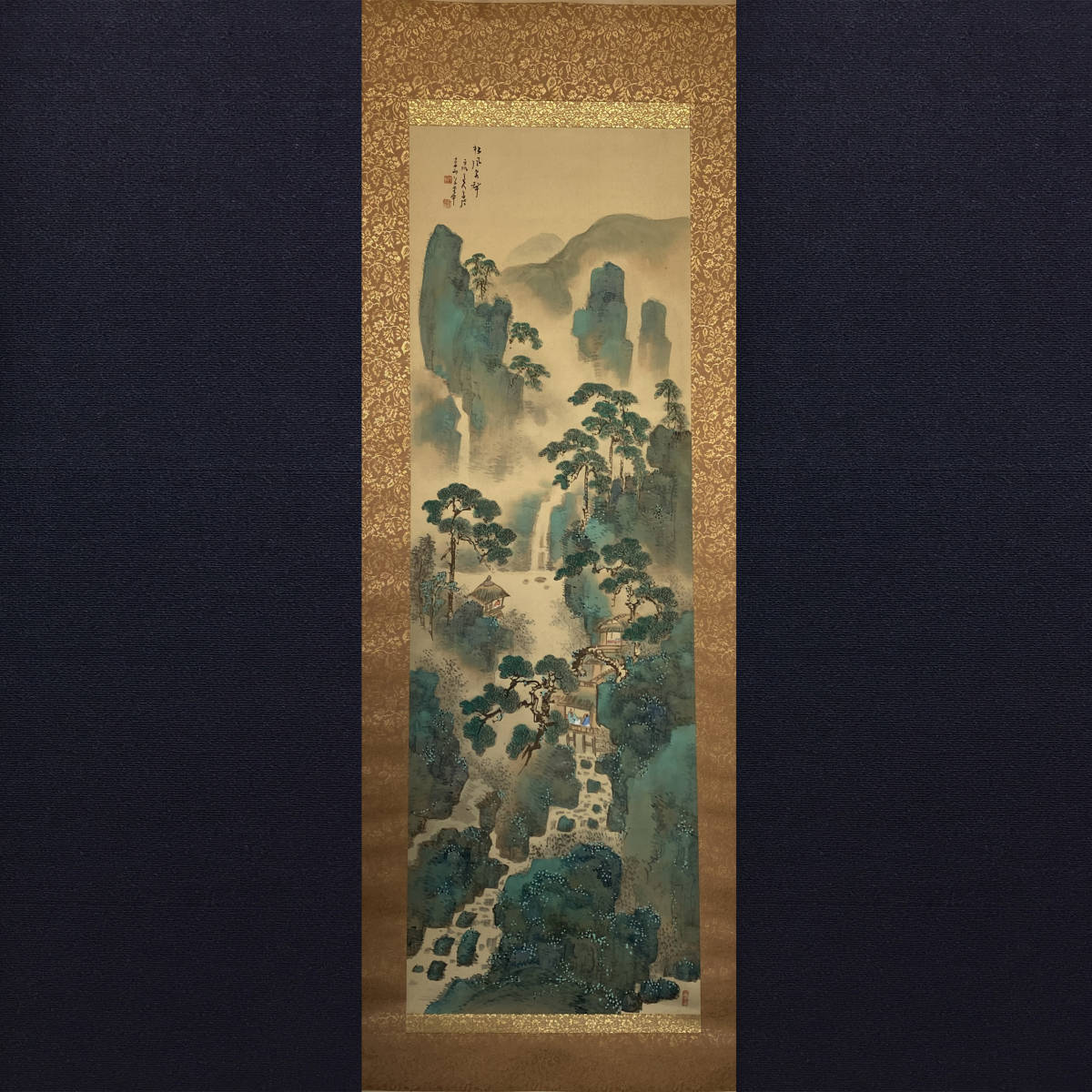 【真作】【芸】宮瀬泉城（松風泉聲図）日本画　南画　掛軸田近竹邨、橋本関雪に師事　共箱　肉筆絹本　大分の人