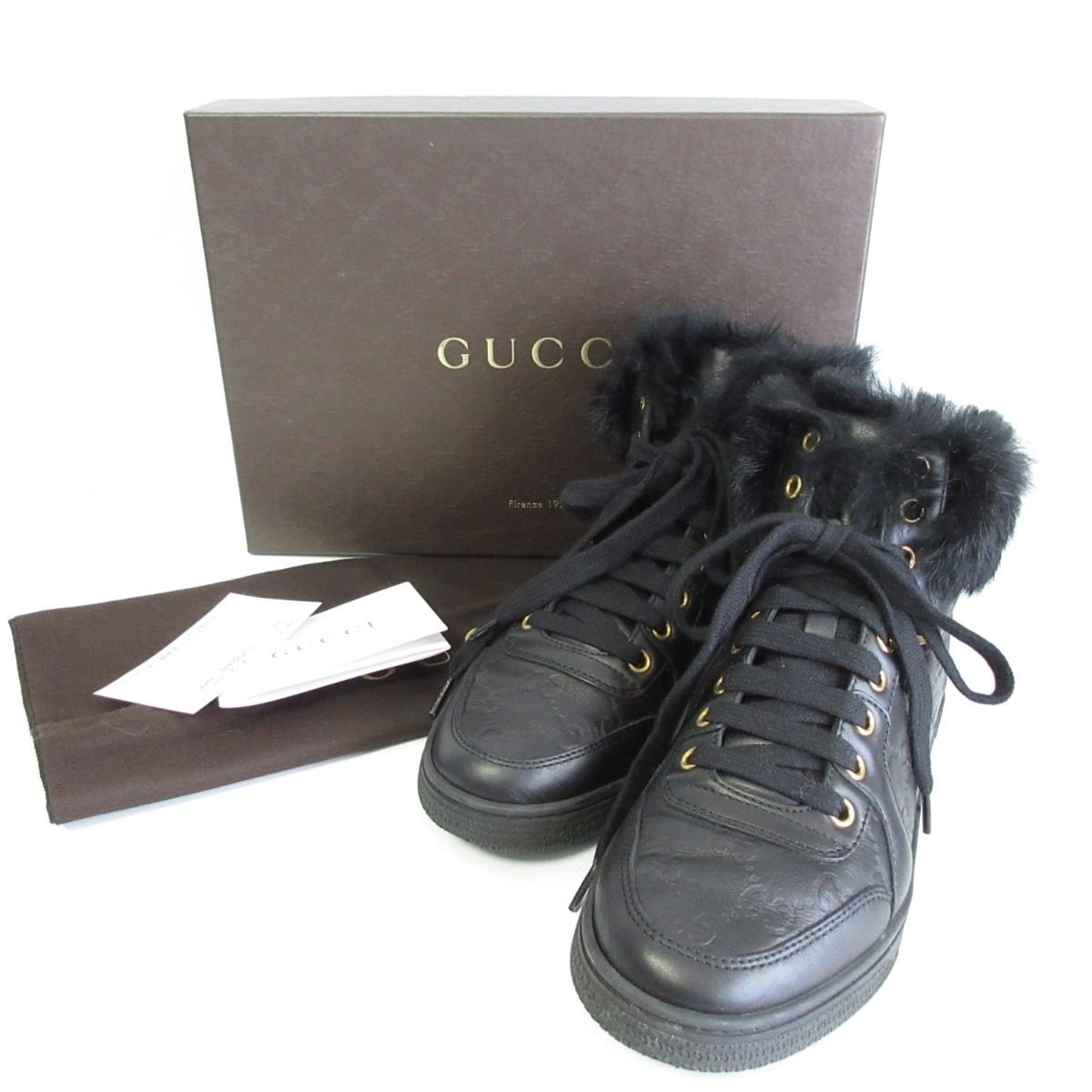 美品 GUCCI グッチ レザー GG柄 シマライン ファートリム ハイカット 