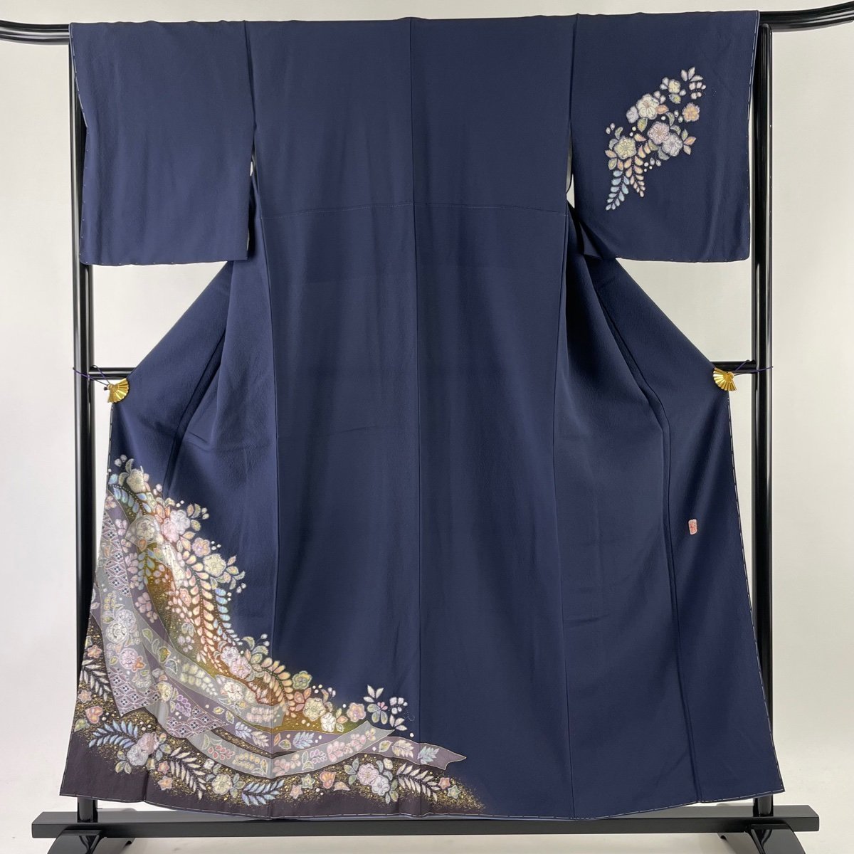 付下げ 美品 名品 翠山工房 落款 やまと 辻が花柄 扇面 金彩 染め分け 紺色