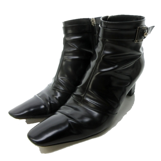 ルイヴィトン LOUIS VUITTON ブーティ ショートブーツ ハイヒール レザー ベルトモチーフ ロゴ 黒 ブラック 37 1/2 約24cm レディース