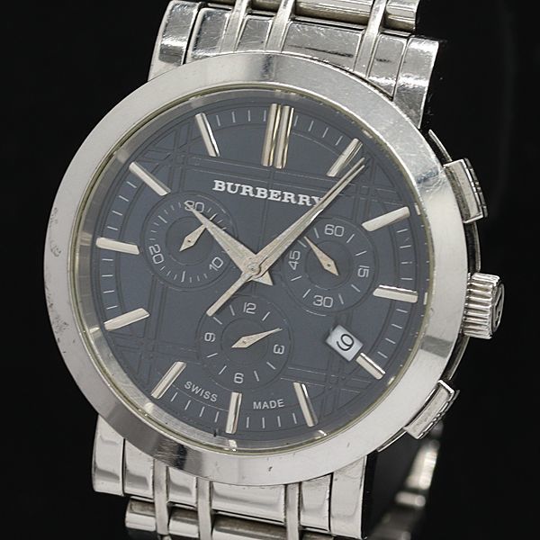 1円 箱/保証書付 バーバリー QZ BU1360 クロノグラフ デイト ネイビー文字盤 スモセコ ラウンド メンズ腕時計 9430100GMY KNK