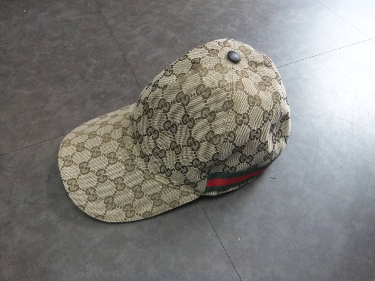 GUCCI グッチ GGキャンバス シェリーライン キャップ 帽子 M 58 茶色