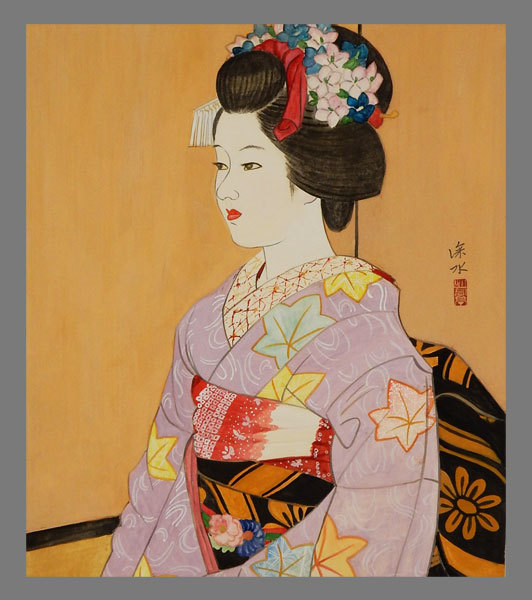 模写 伊東深水 舞妓図額 濱田台児鑑定シール付 共シール付 特別依頼品