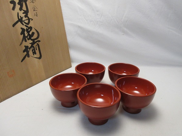 懐石道具 ほぼ未使用 吸物椀5客揃 木製黒真塗 和食器 蒔絵付 共箱