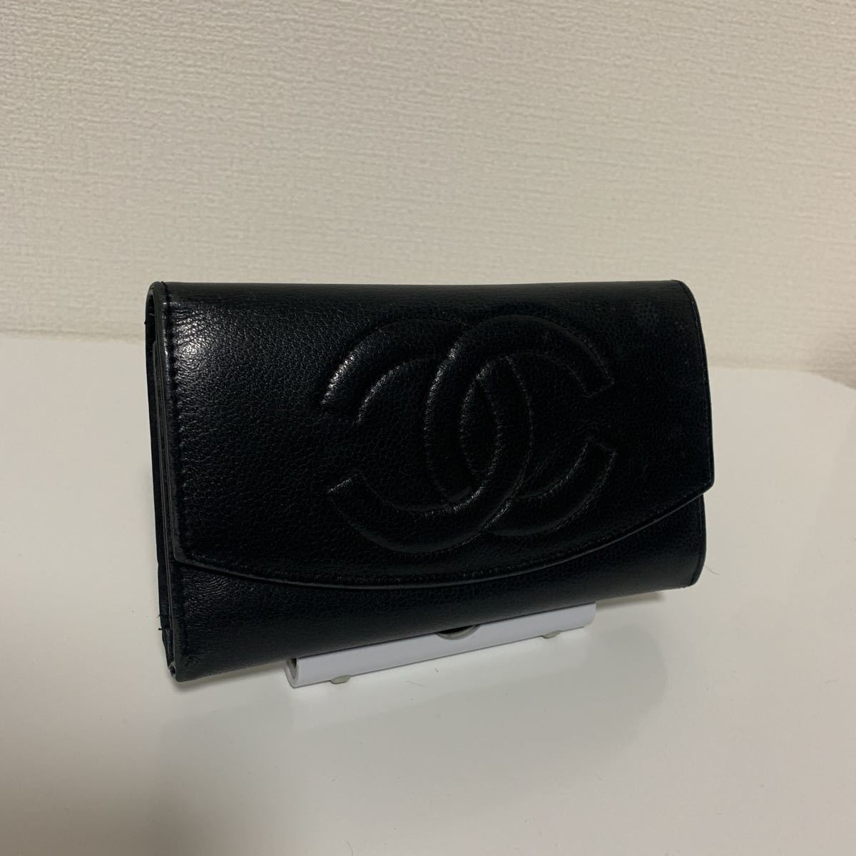 良品 CHANEL シャネル キャビアスキン ココマーク 三つ折り財布 長財布