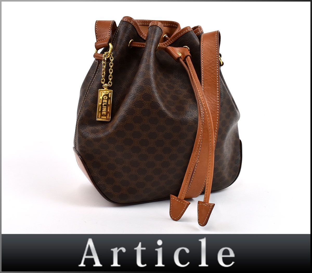 155397◆ CELINE セリーヌ マカダム柄 オールドセリーヌ 巾着型 ショルダーバッグ 斜めがけ PVC レザー ブラウン レディース/ B