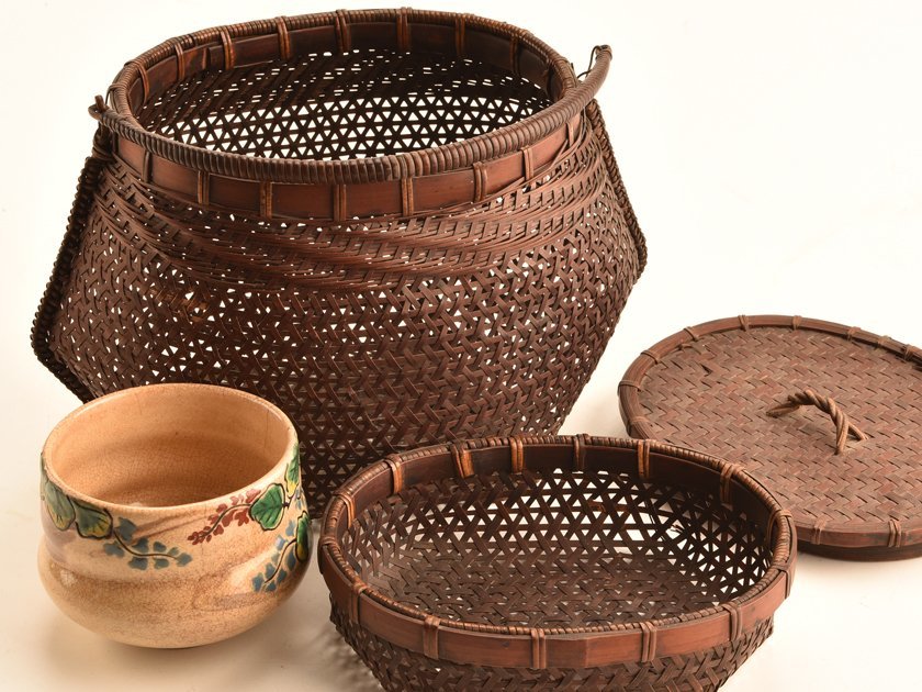 流】煎茶道具 時代 手付竹編茶箱 KQ894