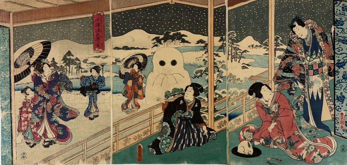 真作】歌川国貞「今様源氏庭の雪 三枚続」本物 浮世絵 大判
