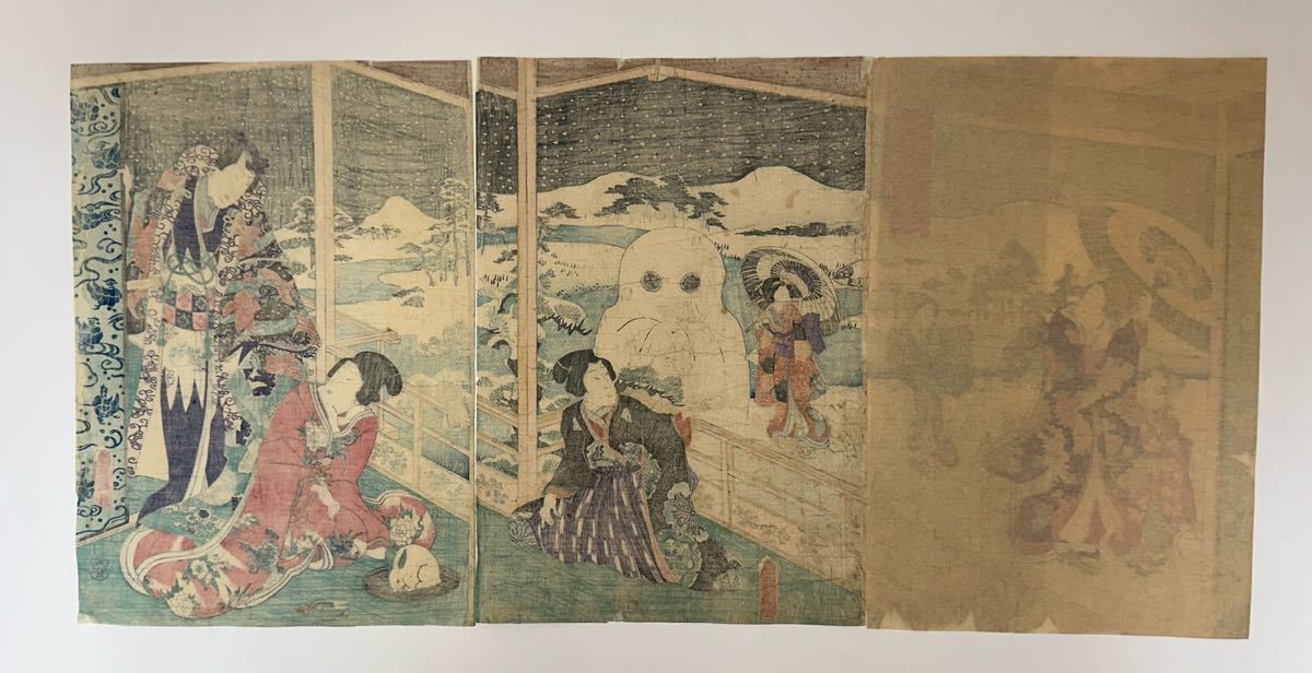 真作】歌川国貞「今様源氏庭の雪 三枚続」本物 浮世絵 大判
