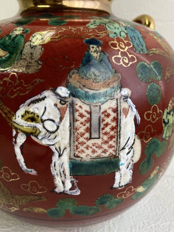 九谷焼 木米 公式通販 - 色絵 時代物 高さ22cm 飾り壺 双耳色絵花瓶 銘