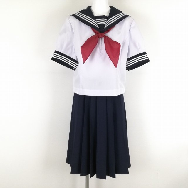 1円 セーラー服 スカート スカーフ 上下3点セット 170A 夏物 白3本線 女子 学生服 広島比治山女子中学高校 白 制服 中古 ランクB EY4585
