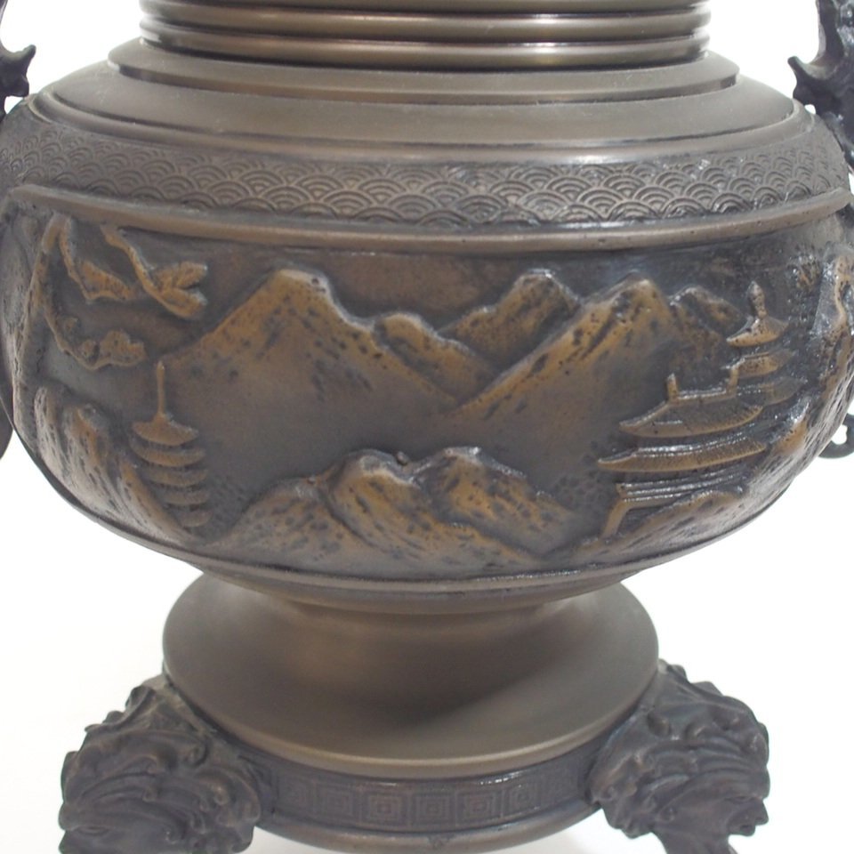 高岡銅器　米田陵山　薄端　楼閣山水図　龍耳獣足　ビンテージ 米田陵山 薄端 高岡銅器 ご専用 楼閣山水図 龍耳獣足