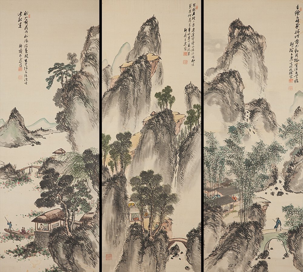 五】安藤耕斎 三幅対 『秋景山水図』 真作 絹本 彩色 掛軸 共箱