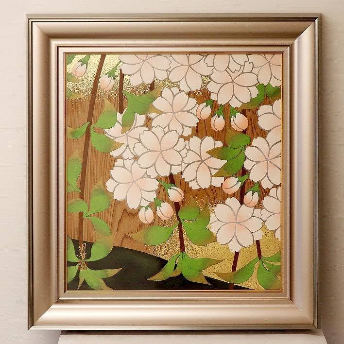 橋本明治筆・木版画・額入『杉戸絵　桜』・No.170903-04・梱包サイズ160