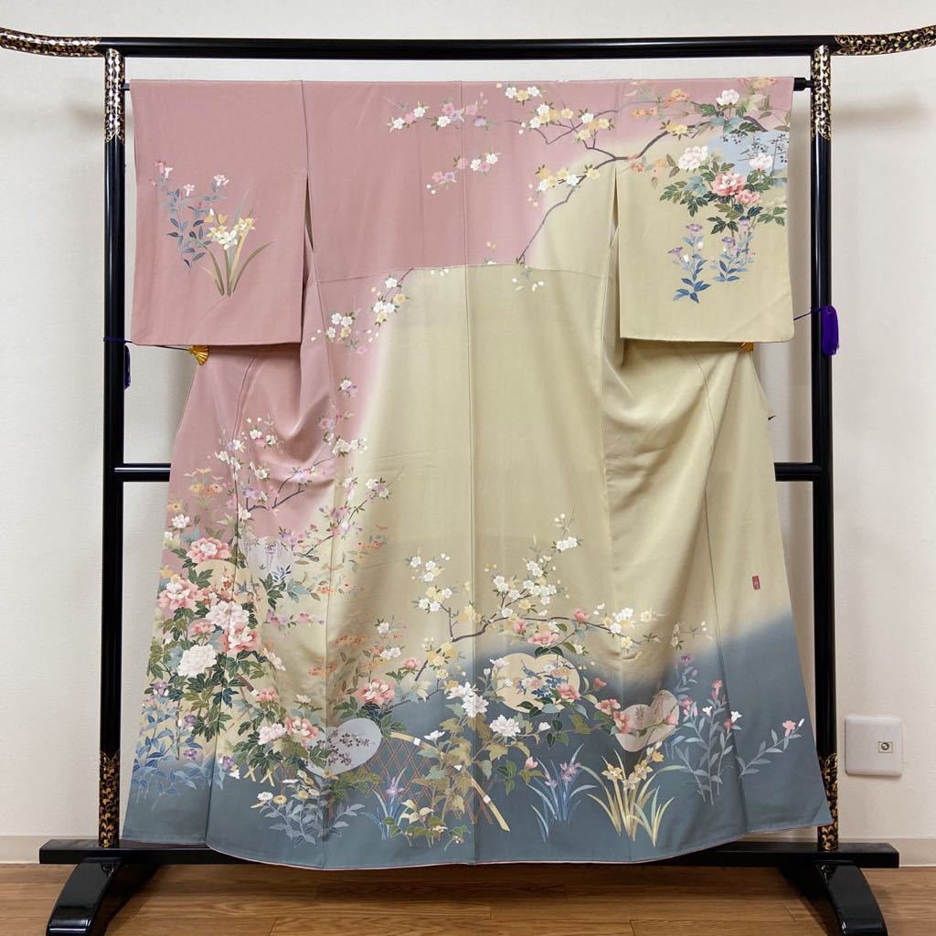正規品，HOT 着物月花 作家物 手描き友禅 可憐な花 訪問着 正絹 共八掛 ki306