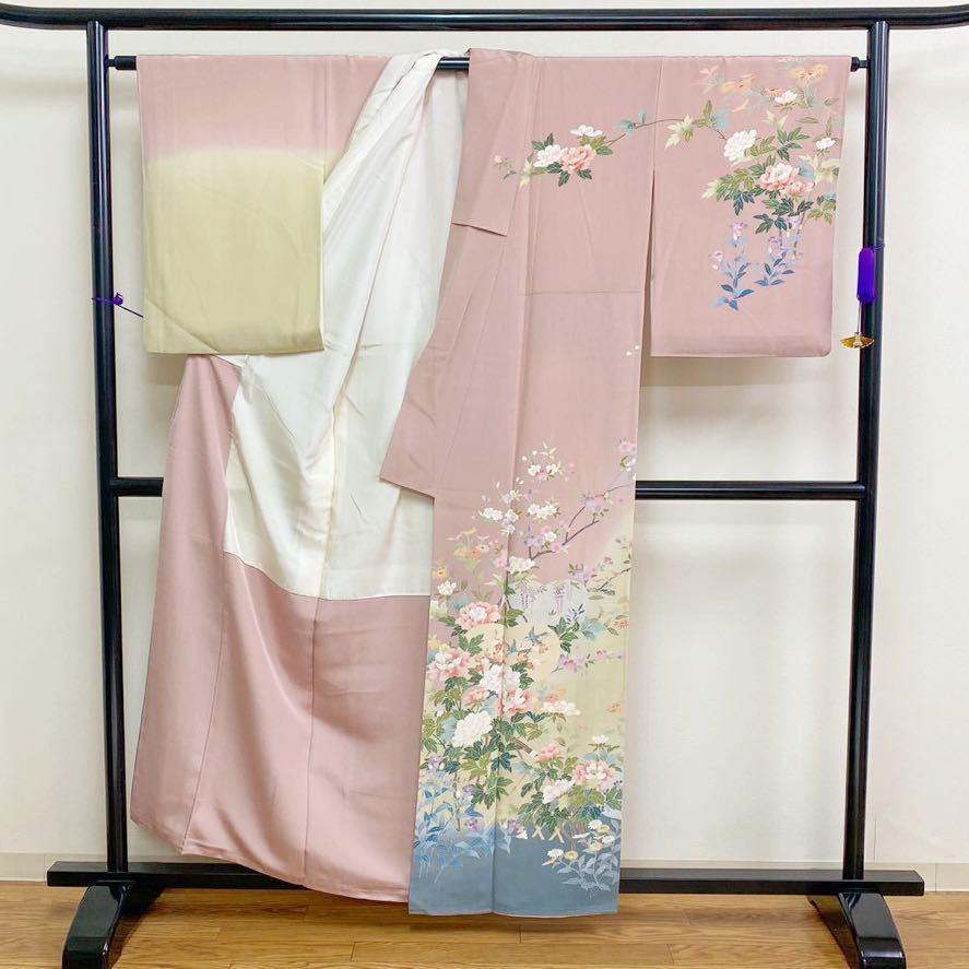 正規品，HOT 着物月花 作家物 手描き友禅 可憐な花 訪問着 正絹 共八掛 ki306