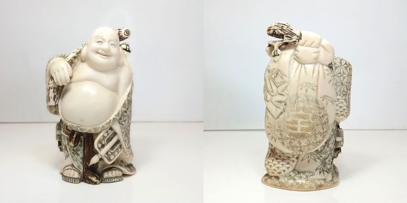 象牙風彫刻 七福神 布袋尊 在銘『芳山』細密彫刻 芯彫り 重量約255g