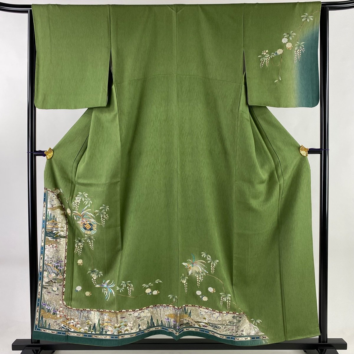 訪問着 身丈156cm 裄丈65.5cm M 袷 建物 花鳥 金銀彩 ぼかし よもぎ色 正絹 秀品 【中古】