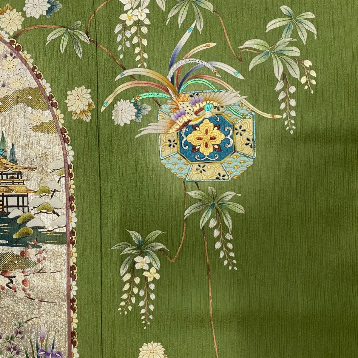 訪問着 身丈156cm 裄丈65.5cm M 袷 建物 花鳥 金銀彩 ぼかし よもぎ色 正絹 秀品 【中古】