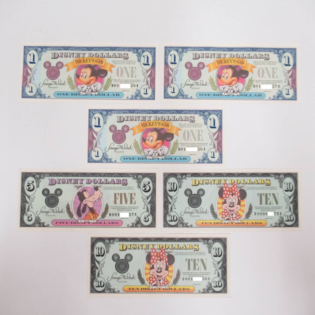 DISNEY DOLLARS ディズニーダラー 65周年 記念 1ドル札含む 1ドル×3枚