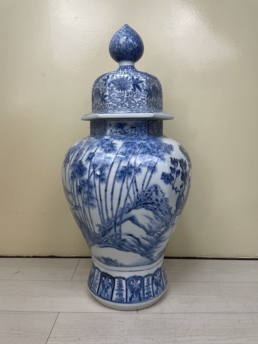 平戸焼 玉泉 特大 沈香壺 染付 唐人図無形文化財 飾壺 高さ約73cm