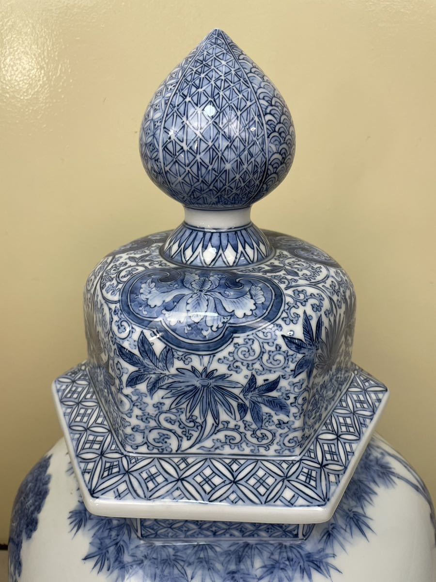 平戸焼 玉泉 特大 沈香壺 染付 唐人図無形文化財 飾壺 高さ約73cm