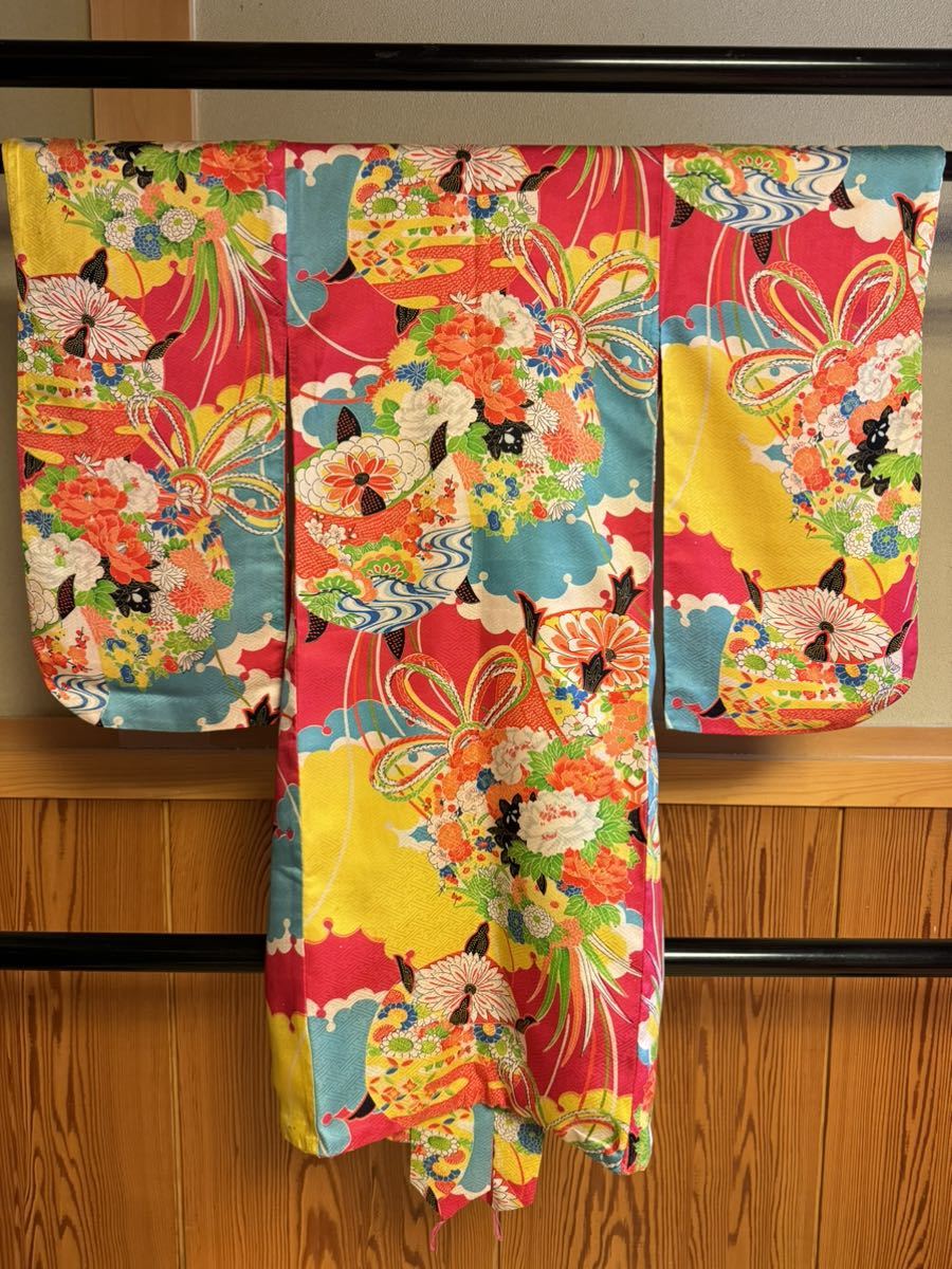 アンティークオレンジに花薬玉の着物と作り帯☆2歳から3歳