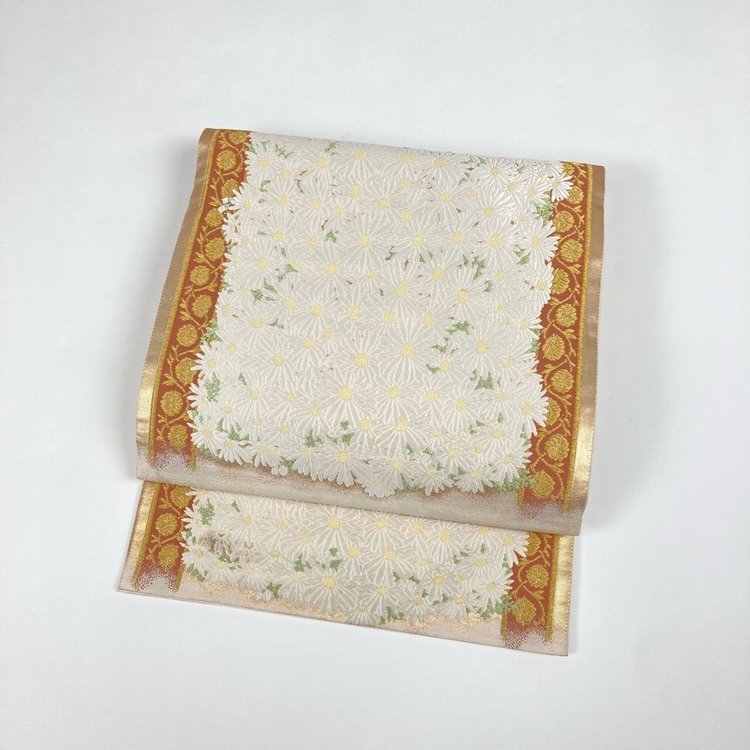 1円～ 袋帯 献上春菊文 山口美術織物謹織 金糸 花柄 ベージュ ホワイト ゴールド 帯丈444cm 帯幅31cm y288-2059184【Y商品】和装 着物6