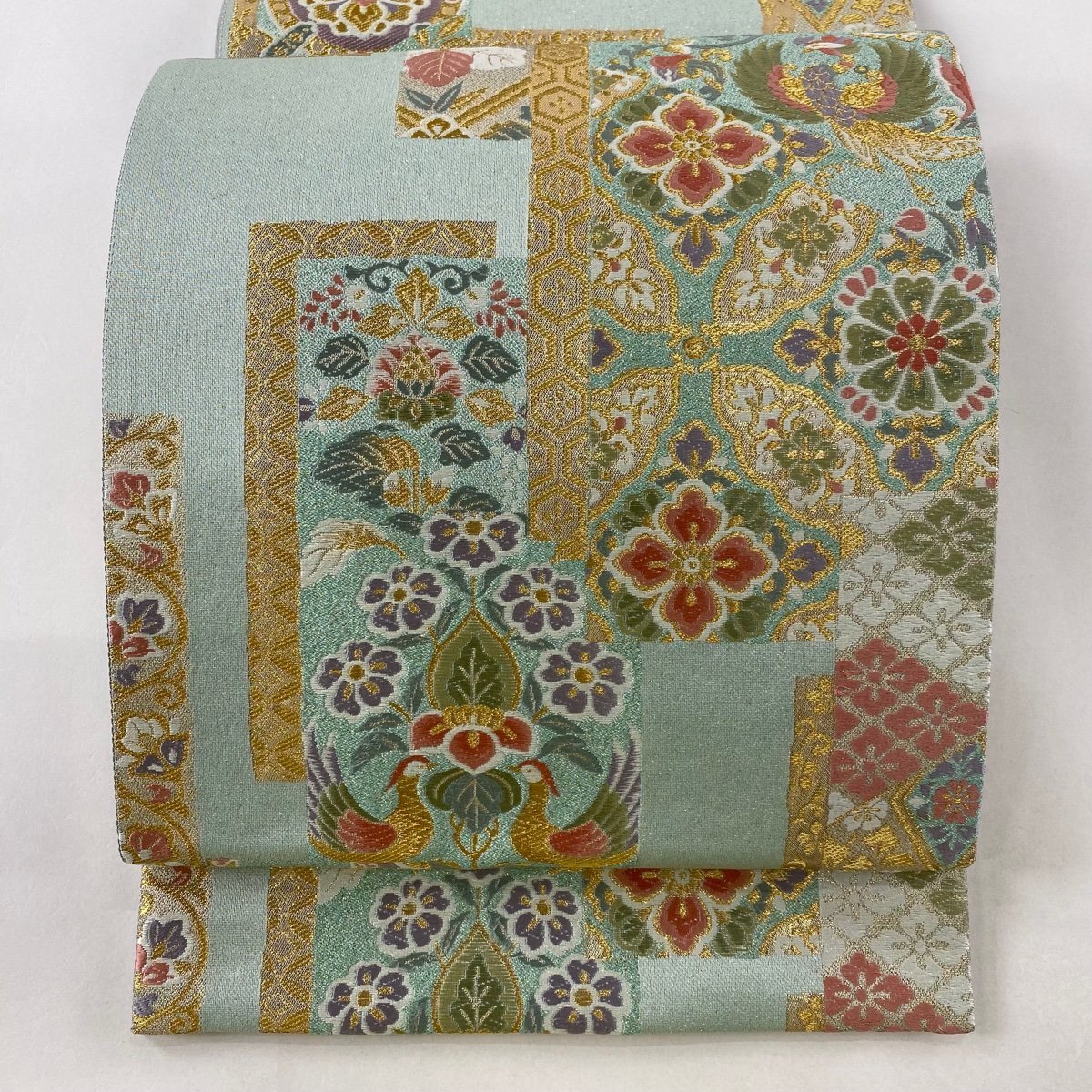 袋帯 美品 名品 華文 向かい鳥 金銀糸 箔 薄緑 六通 正絹 【中古