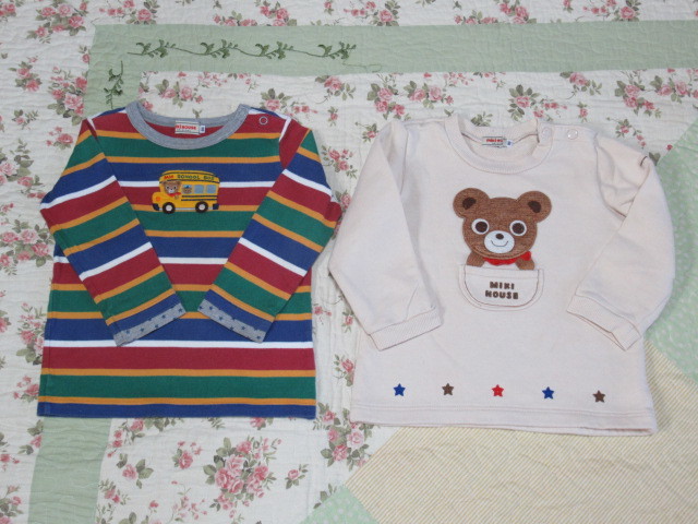 ミキハウス９０cmプッチー君ボーダー長袖T＆生成りトレーナー＊送料１８５円