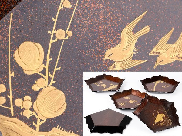 流】時代漆器 梨地図替蒔絵変形銘々盆五客 箱付 DG254 | TINTAUNITA.COM