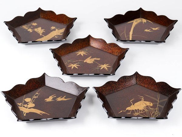 時代物　蒔絵梨地盆 流】時代漆器 梨地図替蒔絵変形銘々盆五客 箱付 DG254 | TINTAUNITA.COM