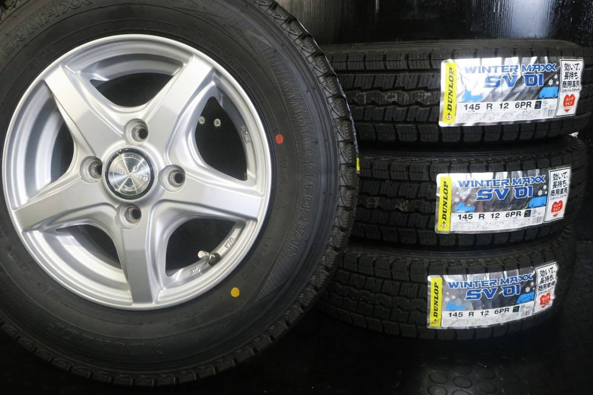 ◆新品スタッドレス◆ダンロップ SV01 145R12 6PR LT 車検対応 JWL-T規格アルミホイール付き 軽トラ軽バン ハイゼットアクティキャリー等