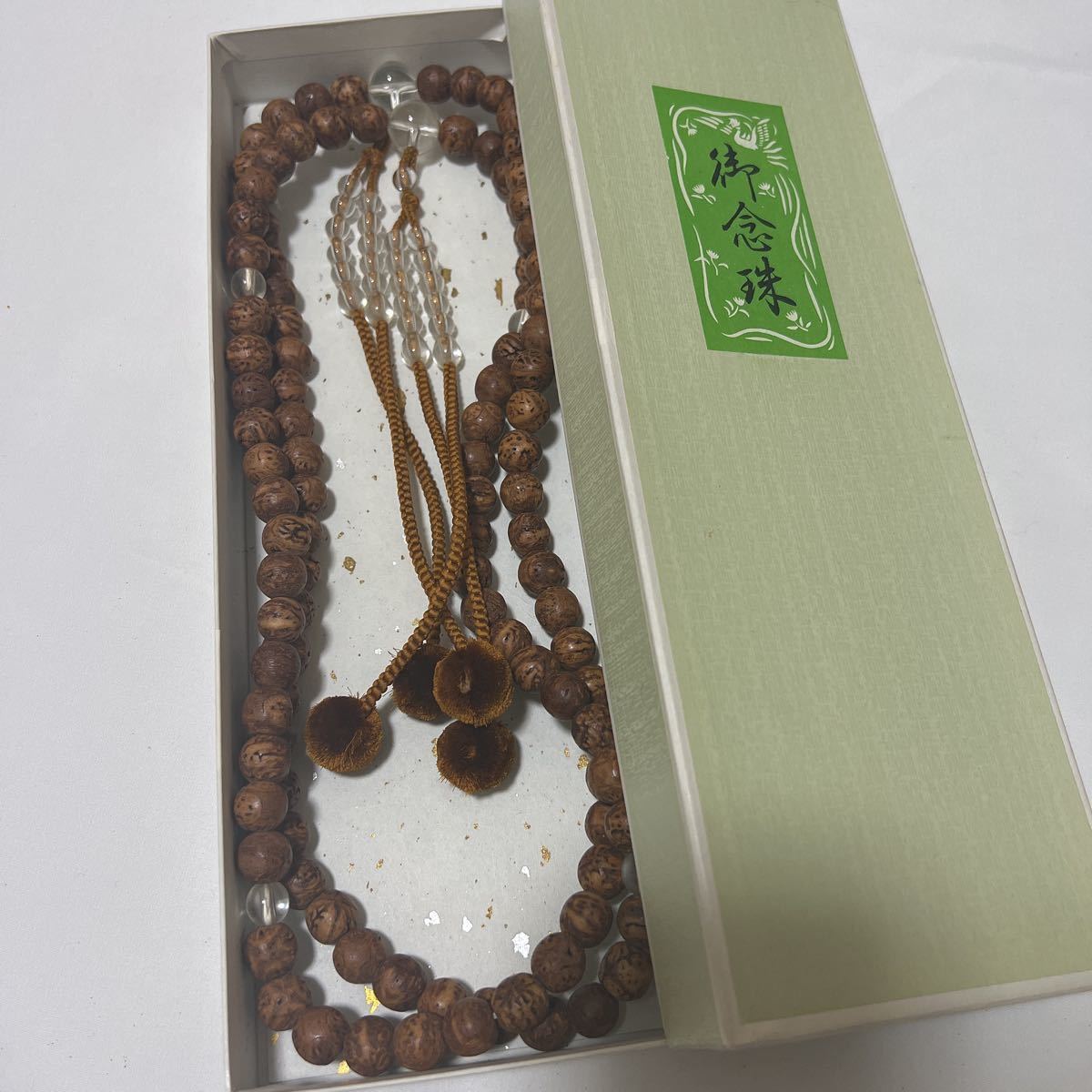 美品 真言宗【大型念珠】【水晶×龍眼菩提樹】威儀具 仏具 法具 寺院 袈裟 僧侶 仏教美術 法衣 袈裟 扇子