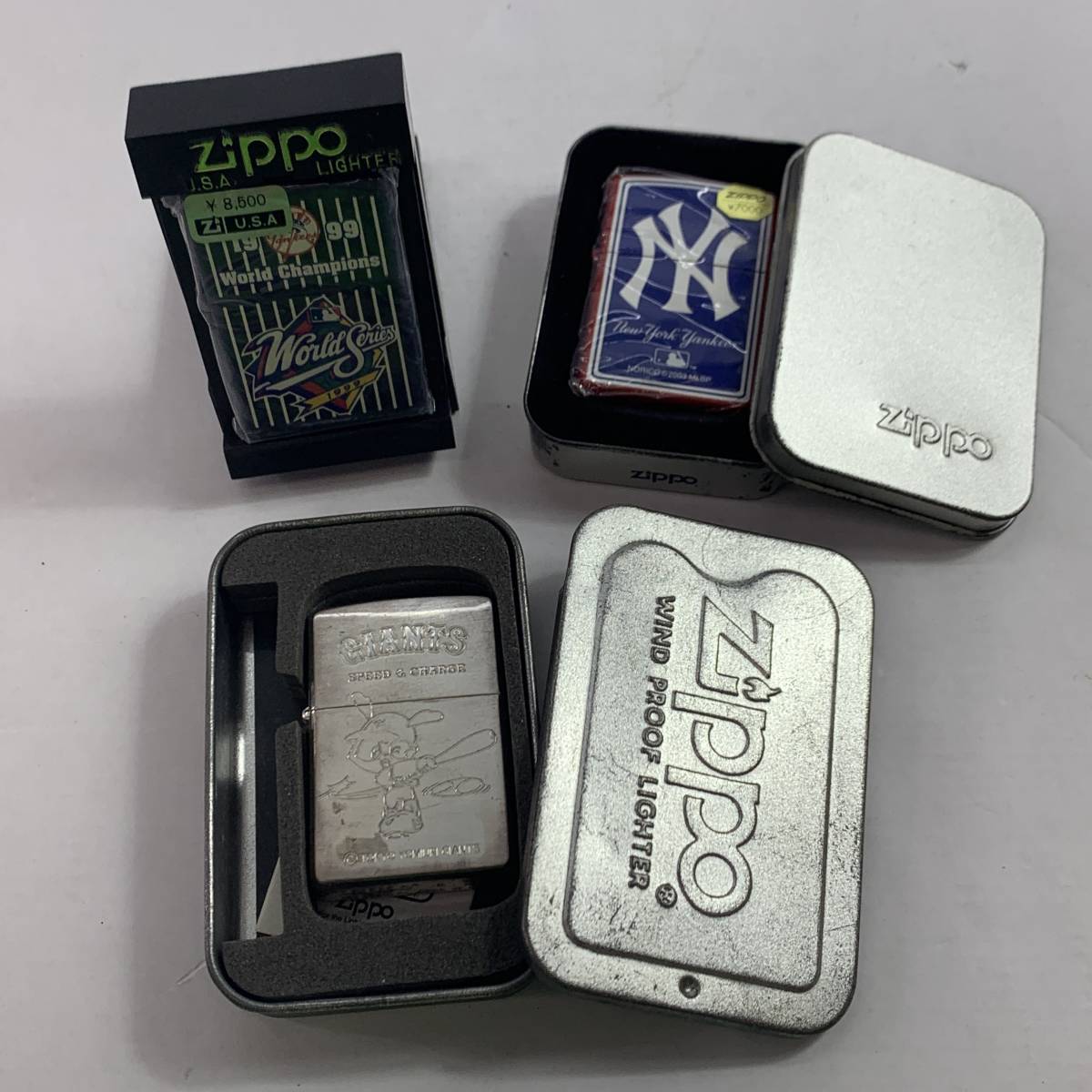 (20124)▽【1円スタート】 ZIPPO ジッポ 3個セット 野球　ベースボール　NY　巨人 ジャイアンツ まとめ セット売り ＵＳＡ 中古品